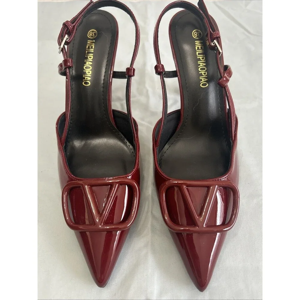 Cherry Red Patent Leather, Pointed Toe, V-Logo Slingback Pumps Sz 38